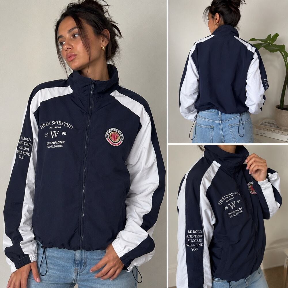 Orange Kiss High Spirited Windbreaker Jacket Navy White Y2K Zip Up Size S